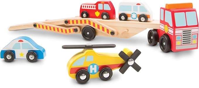 Melissa & Doug Emergency Vehicle Carrier Wooden Truck with 4 Rescue Vehicles