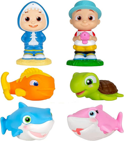 CoComelon Water Squirter Toys for Pool & Bath 6-Pack - Officially Licensed - JJ, Baby Shark, Turtle, Fish Figure Set - Holiday Christmas Stocking Stuffer Gift for Toddlers, Preschoolers, Kids 18mo+