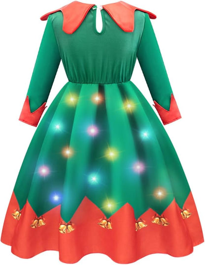 Meland Light Up Christmas Costumes for Girls with Elf Shoe Covers - Elf Outfit for Kids 4-12