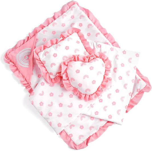 BABESIDE 4 Pcs Baby Doll Bedding Set for 17-22 Inch Babydolls, Babydoll Bed Accessories Dolls Blankets with Pillows for Reborn Baby Doll Accessories, Pink Flower & Rainbow Patterns