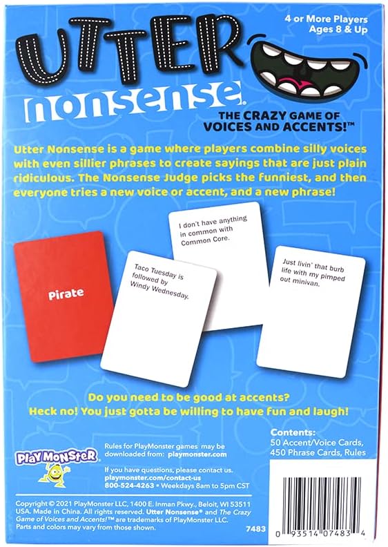 PlayMonster Utter Nonsense -- The Crazy Game of Voices and Accents -- Ridiculous Family Fun -- Ages 8+ -- 4-20 Players, Red