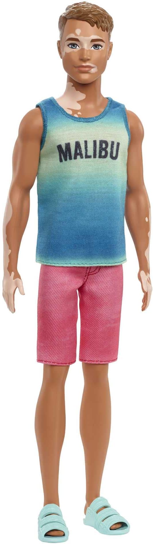Barbie Fashionistas Ken Fashion Doll #192 with Brunette Cropped Hair & Vitiligo in Malibu Tank, Shorts & Sandals
