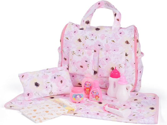 BABESIDE 10 Pcs Baby Doll Diaper Bag Set, Reborn Baby Doll Accessories Set with 2-in-1 Diaper Bag Changing Pad and Baby Dolls Bath Set for Kids Pretend Play Toys, Pink