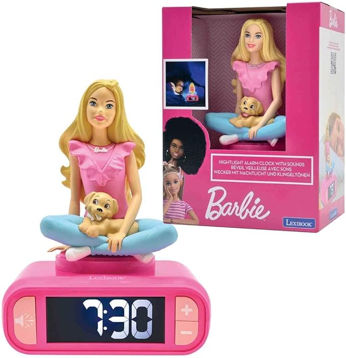 LEXiBOOK, Mattel Barbie, Barbie Nightlight Alarm Clock, Sounds and Melodies, LCD Backlit Screen, Luminous, Snooze, Pink, RL800BB