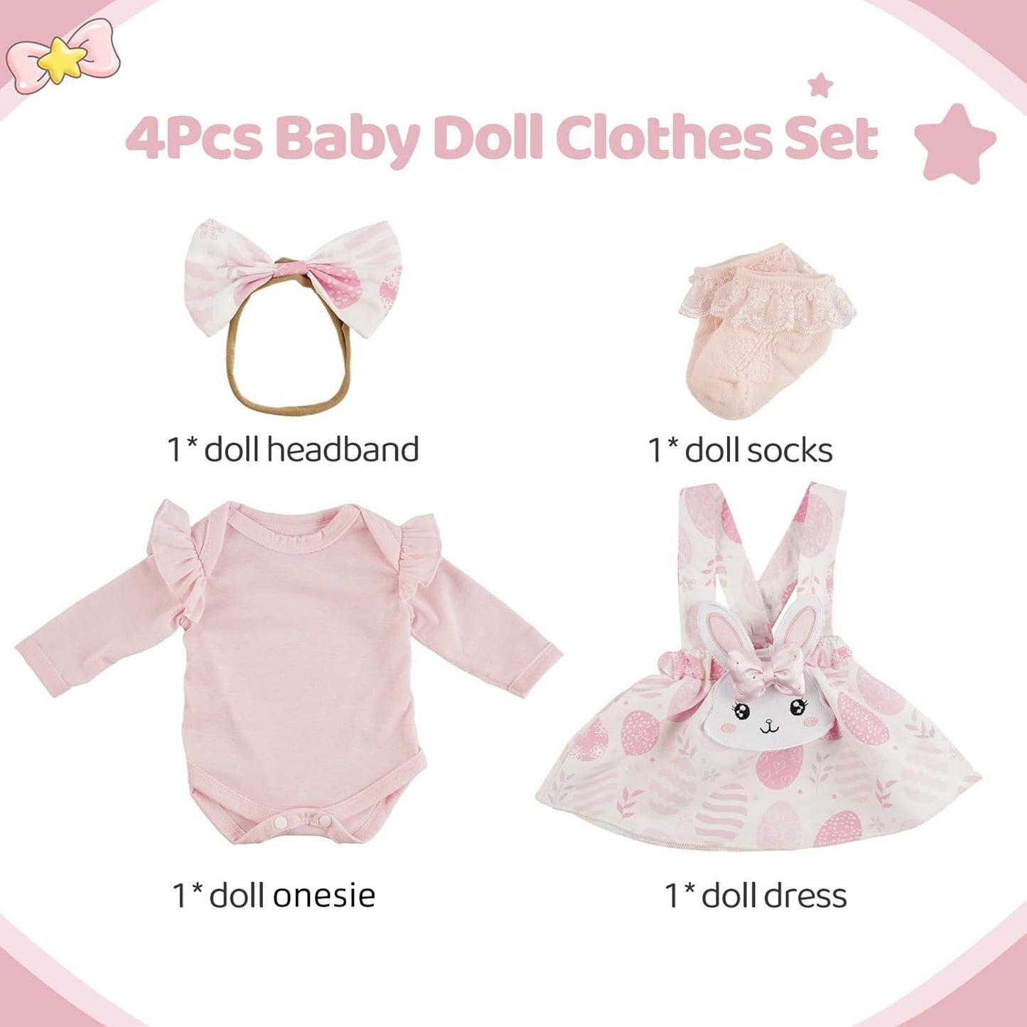BABESIDE 4 Pcs Reborn Baby Doll Clothes and Accessories for 17-20 Inch Baby Dolls, Pink Bunny Dolls' Clothes Set with Headband (Doll NOT Included)