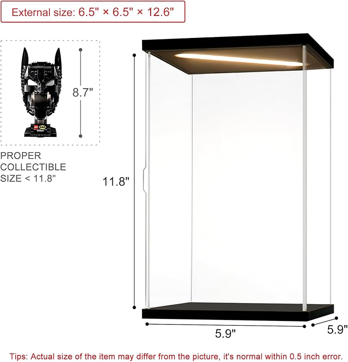 Acrylic Display Case for Collectibles Clear Acrylic Boxes for Display Minifigures Trophy Lighted Building Helmet Model 76182 Display Case Organizer Box(Black-Solid Yellow; 5.9*5.9*11.8 inch)