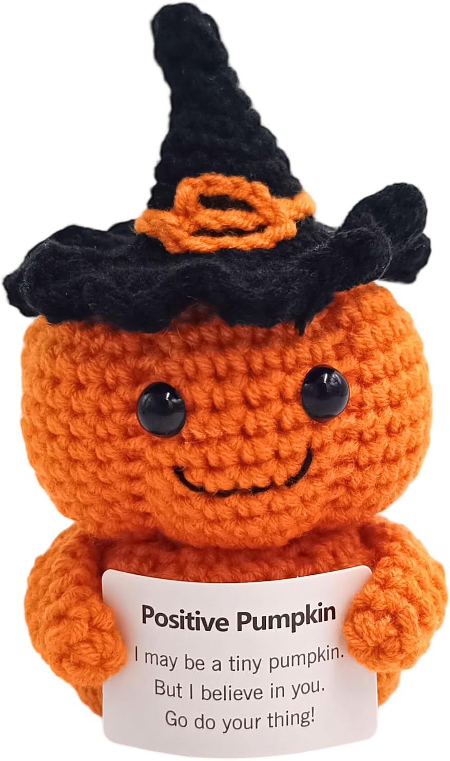 Handmade Crochet Pumpkin Plush with Inspirational Card - Cute Halloween & Thanksgiving Decor, Emotional Support Gift for Women & Men, Autumn Desk Decoration, Positive Office & Home Desktop Ornament