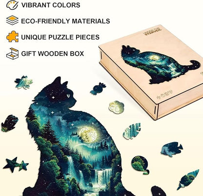 Under The Starveil Cat Puzzles Adults Wooden 120 Pieces, Jigsaw Puzzles for Adults Unique Animal Shape Wood Puzzle Birthday for Cat Lovers, 11.4 * 10.1in