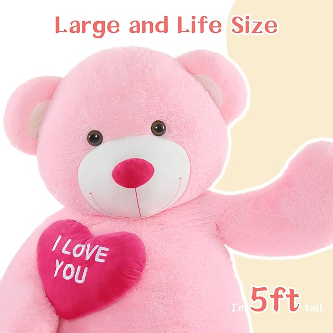 Tezituor Giant Teddy Bear 5Ft with Heart, Large Valentines Day Stuffed Animal, Pink I Love You Plush Toys for Kids Gift for Girlfriend