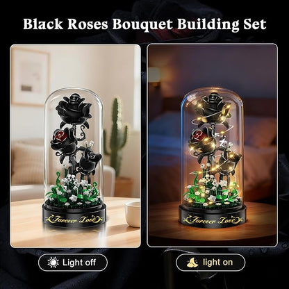 Flower Building Set with LED Light - 232 PCS Black Rose Building Blocks Kit with Dust Cover, Valentine's Day Gift for Her Grilfriend Wife 3.6MM Flower Botanical Collection Block Toy Home Decor