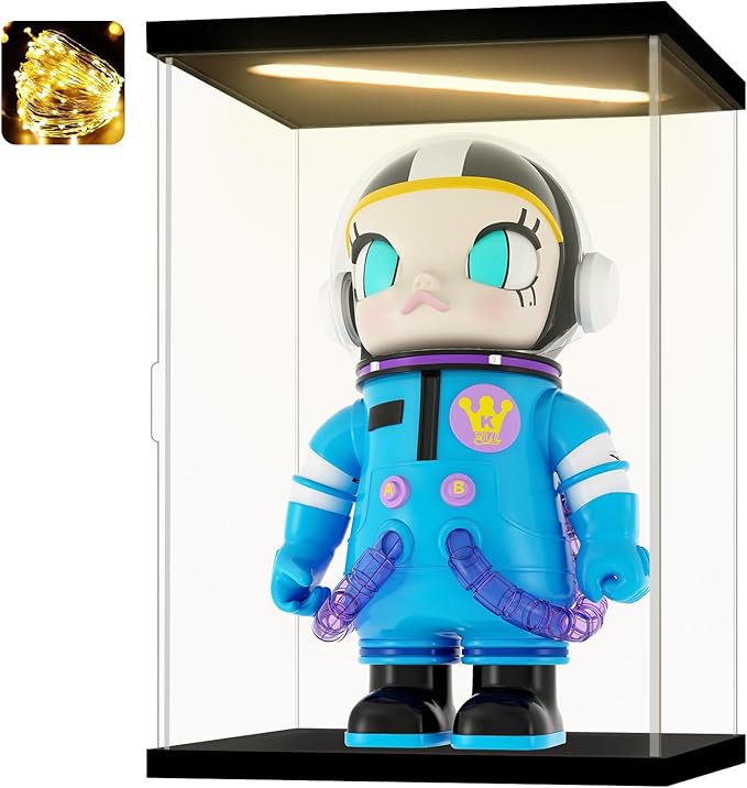 Acrylic Display Case for Collectibles Clear Acrylic Boxes for Display Action Figures Dolls Lighted Trophy Pop Mart Display Case Dustproof Storage Box(Black-Solid Yellow; 9.8*9.8*13.8 inch)