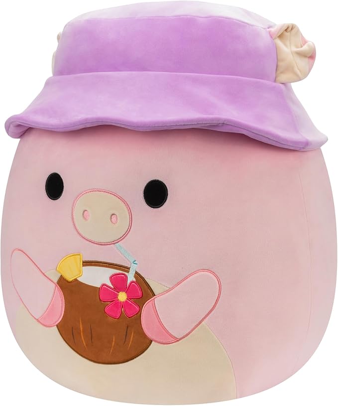 Squishmallows Original 20-Inch Peter Pig with Purple Bucket Hat and Coconut Drink - Official Jazwares Jumbo Plush