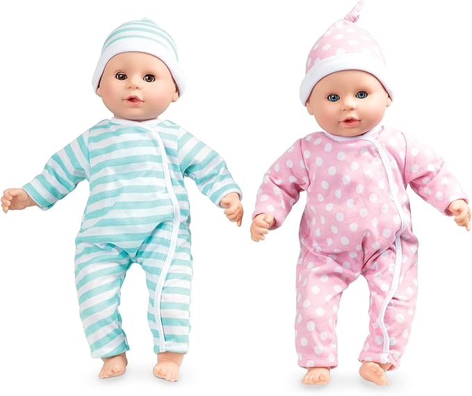 Melissa & Doug Mine to Love Twins Luke & Lucy 15” Light Skin-Tone Boy and Girl Baby Dolls with Rompers, Caps, Pacifiers - Twin Baby Dolls, First Baby Dolls for Toddlers 18 Months and Up