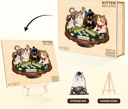 Cats Mahjong Puzzles Adults Gifts Wooden 145 Pieces, Jigsaw Puzzles for Adults Unique Animal Shape Wood Puzzle Birthday for Puzzle Lovers, 11.4 * 8.8in