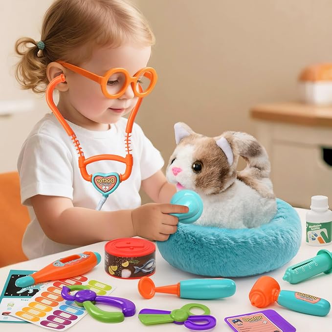 17PCS Cat Doctor Kit for Toddlers 3-5, Veterinarian Playset for Kids with Interactive Walk Meow Cat & Backpack Carrier & Nest & Medical Tool, Pet Vet Kit Pretend Play Toy Gift for Boy Girl 3-6