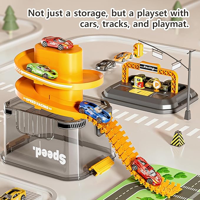 Toy Car Track Storage Playset - Toddler Toys for Ages 2-4, Toy Car Set for Hot Wheels & Matchbox with 12 Diecast Cars, PlayMat, Race Tracks, Car Ramp, Kids Birthyday Gift for 1 2 3 4 5 Year Old Boys