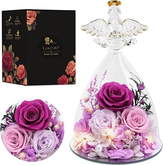 Valentines Rose Gifts for Women, 7" Purple Preserved Roses Flowers in Glass Angel Figurine, Birthday Gift for Mom Wife Grandma, Eternal Rose for Mothers Day Christmas Anniversary