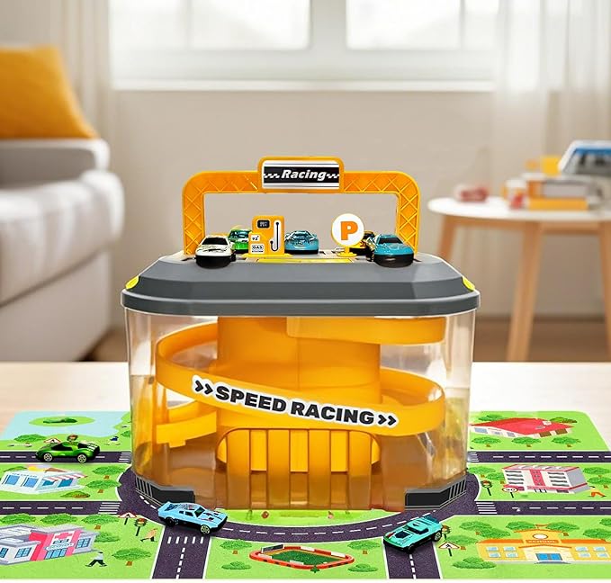 Toy Car Track Storage Playset - Toddler Toys for Ages 2-4, Toy Car Set for Hot Wheels & Matchbox with 12 Diecast Cars, PlayMat, Race Tracks, Car Ramp, Kids Birthyday Gift for 1 2 3 4 5 Year Old Boys