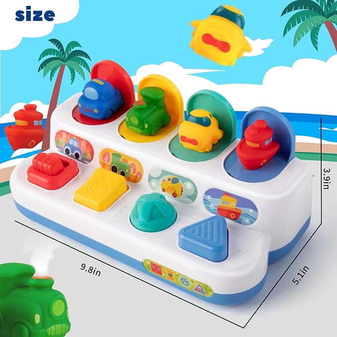 Interactive Cause & Effect Pop Up Vehicle Toys for Toddlers 1-3 Years, Sensory Montessori Toys for Infants 8-12 Months, Fun Hide and Seek Play for Boy Girl