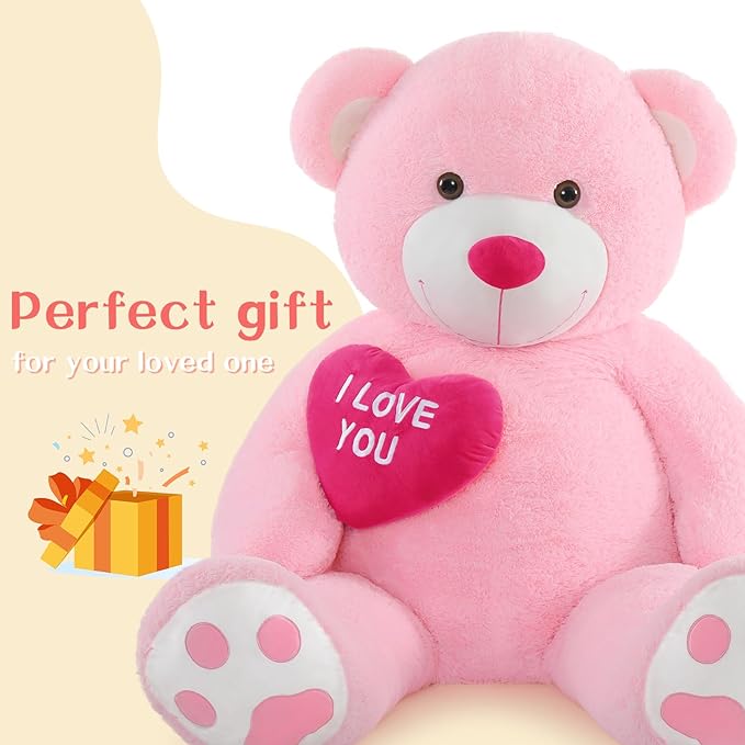 Tezituor Giant Teddy Bear 5Ft with Heart, Large Valentines Day Stuffed Animal, Pink I Love You Plush Toys for Kids Gift for Girlfriend
