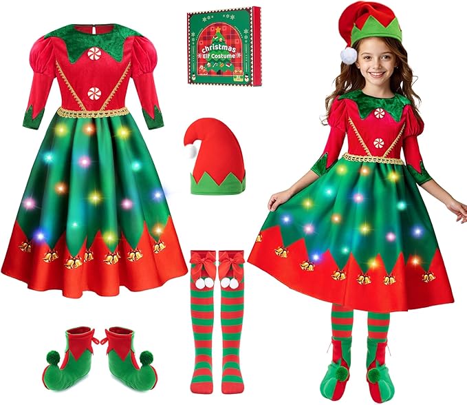 Meland Elf Costume for Girls - Light Up Elf Dress with for Kids 3-6 Years Old, Christmas Costume for Toddler