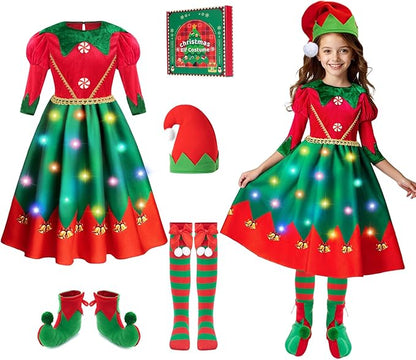 Meland Elf Costume for Girls - Light Up Elf Dress with for Kids 3-6 Years Old, Christmas Costume for Toddler