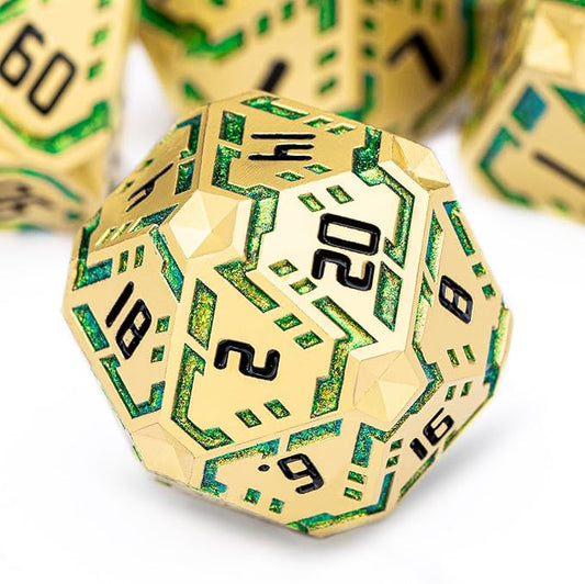 Metal DND Sci-fi Dice Set 7PCS Stripe Polyhedral Dice for Dungeons Dragons RPG Role Playing Game, Glitter D and D Dice with Gift Box D6 D8 D10 D12 D20 (Golden Green)