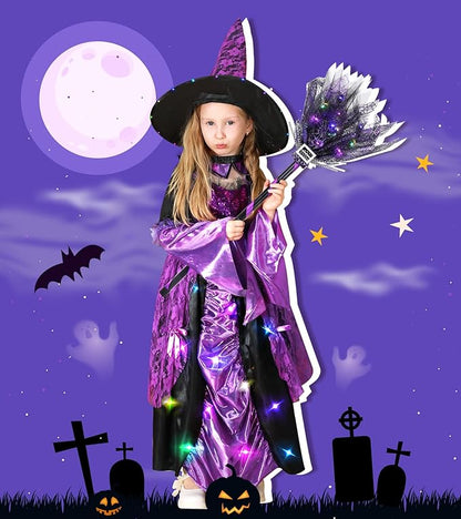 Meland Witch Costume for Girls - Light up Halloween Costumes for Kids Girl Dress up, Witch Dress for Toddler Girls Ages 3-10