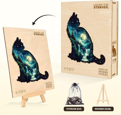 Under The Starveil Cat Puzzles Adults Wooden 120 Pieces, Jigsaw Puzzles for Adults Unique Animal Shape Wood Puzzle Birthday for Cat Lovers, 11.4 * 10.1in