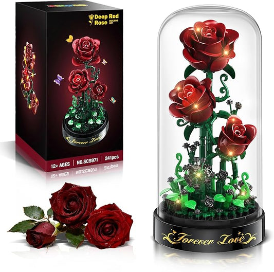 Flower Building Set with LED Light - 241 PCS Burgundy Red Rose Building Blocks Kit with Cover, Valentine's Day Gift for Her Grilfriend Wife 3.6MM Mini Botanical Collection Block Toy Home Decor