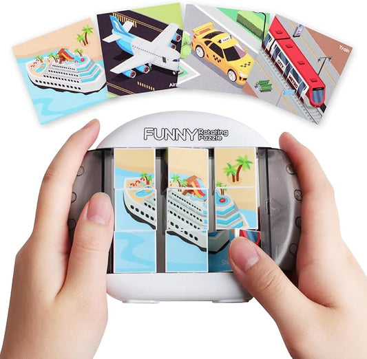 Rotating Puzzle for Kids 3 4 5 6 7 8 Year Old, 4 Puzzles in 1, Toddlers Travel, Car, Airplane, Road Trip Activities, Fine Motor Skills, Fidget, Gift for Boys & Girls Ages 3+ (Transportation)