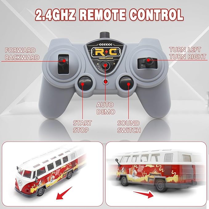 Remote Control Bus 2.4G Remote Control 1962 Volkswagen Classic Bus with Decals Retro Truck Model with Lights Sound Electric Vehicle Playsets Cars for Kids Toy