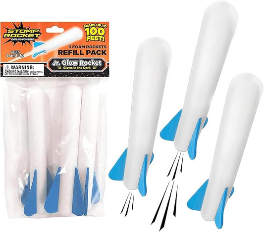 Stomp Rocket Jr Glow Rocket Refills, 3 Rockets - Replacement Glow in The Dark Rockets for Soft Foam Rocket Launcher for Kids - Fun Backyard & Outdoor Kids Toys Gifts for Boys & Girls