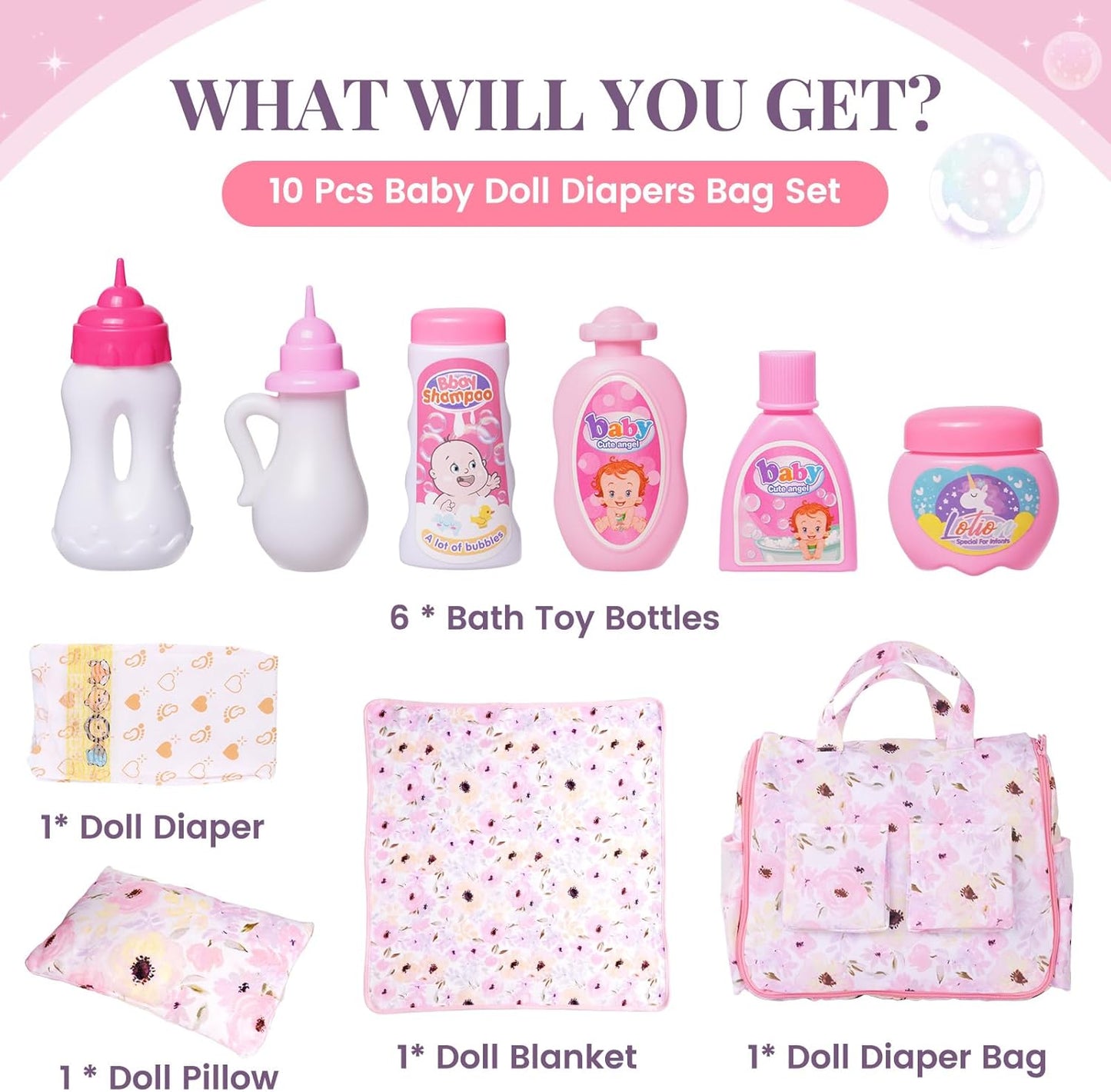 BABESIDE 10 Pcs Baby Doll Diaper Bag Set, Reborn Baby Doll Accessories Set with 2-in-1 Diaper Bag Changing Pad and Baby Dolls Bath Set for Kids Pretend Play Toys, Pink