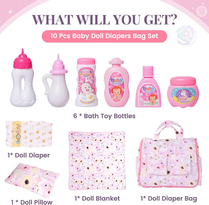 BABESIDE 10 Pcs Baby Doll Diaper Bag Set, Reborn Baby Doll Accessories Set with 2-in-1 Diaper Bag Changing Pad and Baby Dolls Bath Set for Kids Pretend Play Toys, Pink