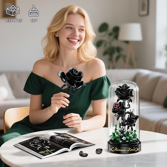 Flower Building Set with LED Light - 232 PCS Black Rose Building Blocks Kit with Dust Cover, Valentine's Day Gift for Her Grilfriend Wife 3.6MM Flower Botanical Collection Block Toy Home Decor