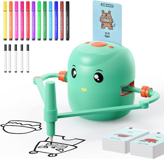 Interactive Educational Drawing Robot for Kids - Montessori Learning Toy with 150 Word Cards, Voice Interaction, Ages 5+ (Green)