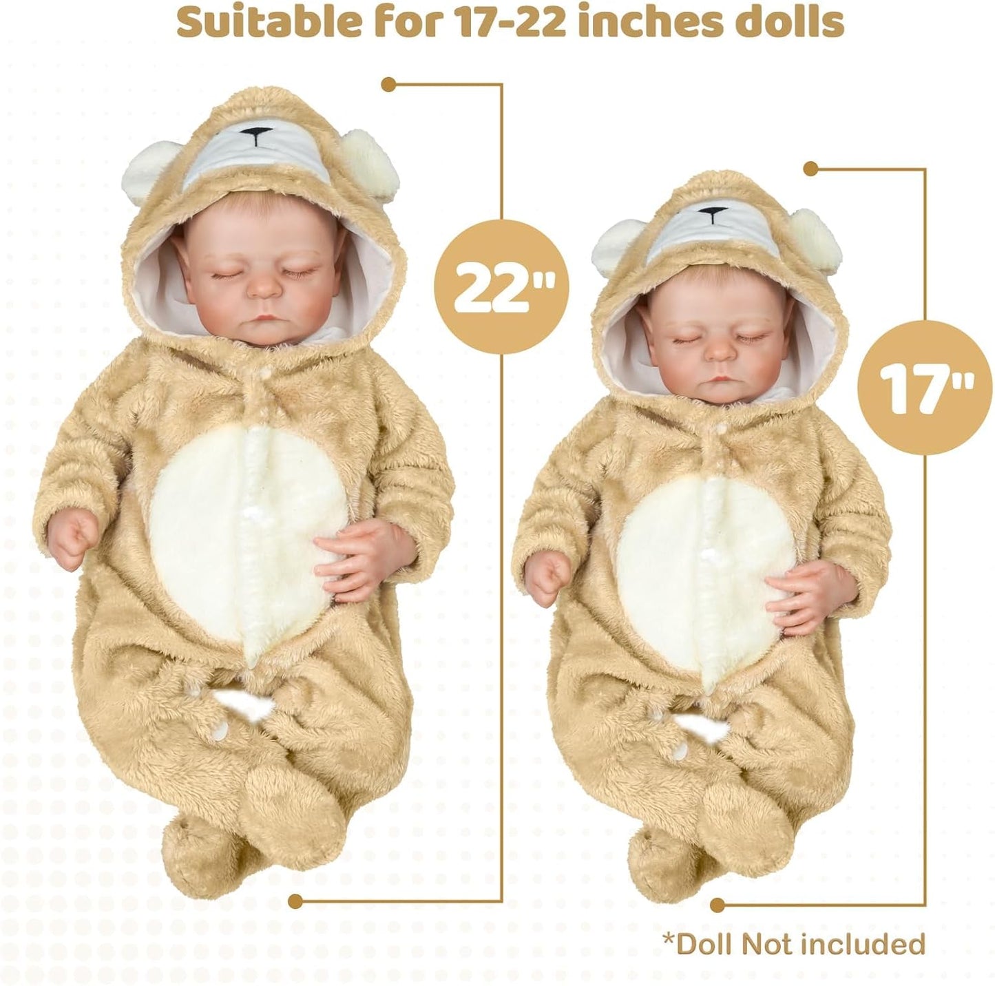 BABESIDE Reborn Baby Doll Clothes Set for 17-22 Inch Dolls Accessories, Cute Bear Baby Doll Clothes Onesie with Hat for Realistic Baby Dolls Girls & Boys, Khaki