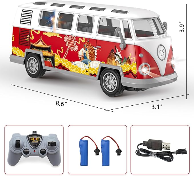 Remote Control Bus 2.4G Remote Control 1962 Volkswagen Classic Bus with Decals Retro Truck Model with Lights Sound Electric Vehicle Playsets Cars for Kids Toy