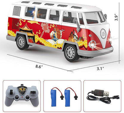 Remote Control Bus 2.4G Remote Control 1962 Volkswagen Classic Bus with Decals Retro Truck Model with Lights Sound Electric Vehicle Playsets Cars for Kids Toy