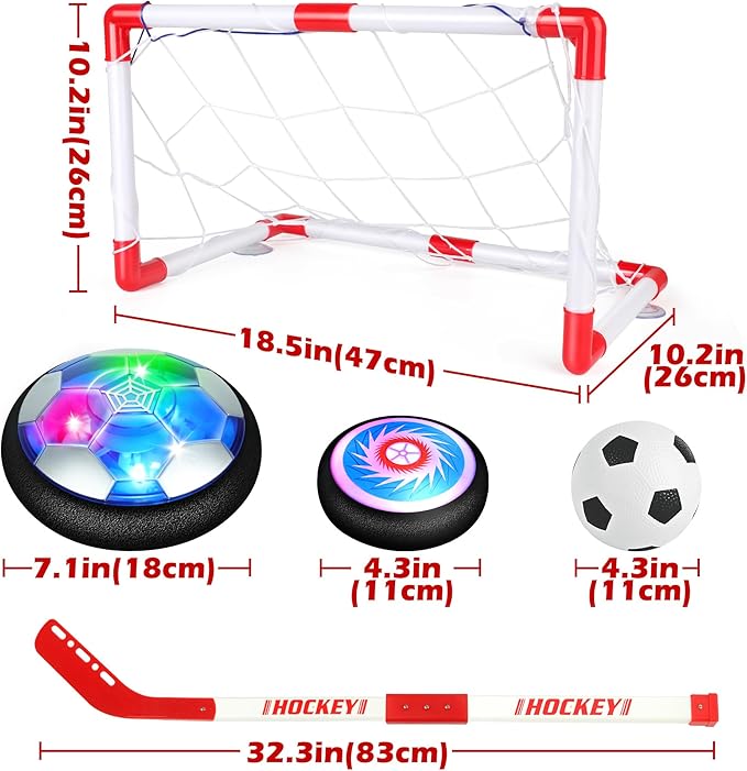 3-in-1 Hover Soccer Ball Set, Including 2 LED Hover Hockey and Soccer Ball Toys, Indoor Red & White Goals, Sports Game Toy, Soccer Gift for 4-8, 8-12 Years Old Boys