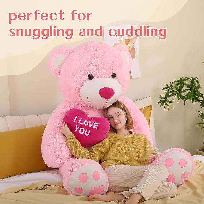 Tezituor Giant Teddy Bear 5Ft with Heart, Large Valentines Day Stuffed Animal, Pink I Love You Plush Toys for Kids Gift for Girlfriend