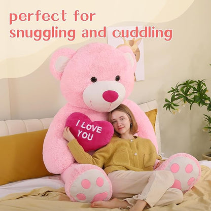Tezituor Giant Teddy Bear 5Ft with Heart, Large Valentines Day Stuffed Animal, Pink I Love You Plush Toys for Kids Gift for Girlfriend