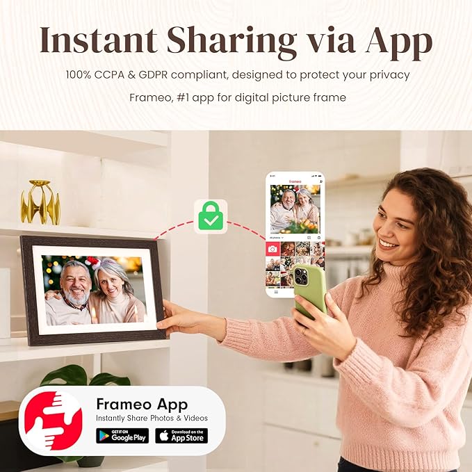 10.1'' Frameo Digital Picture Frame, 32GB WiFi Digital Photo Frame, 1280x800 IPS Touch Screen, Auto-Rotate, Slideshow, Send Photos/Videos via Free App(Black Wood Frame)