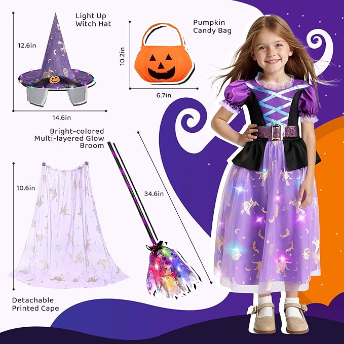 Meland Witch Costume for Girls, Light Up Halloween Costumes for Kids Toddlers 3-10, Witch Dress for Girls Dress Up