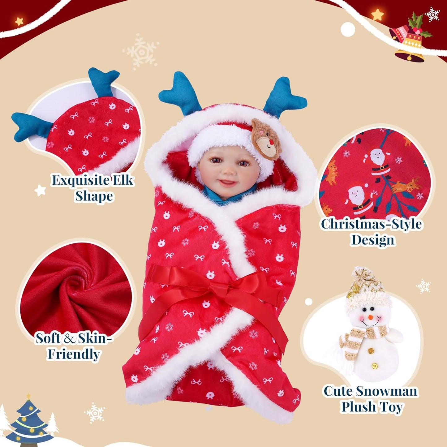 BABESIDE 8 Pcs Christmas Reborn Baby Doll Clothes Set with Bassinet for 17–22 Inch Babydolls, Dolls Santa Outfit with Doll Blanket Snowman Toy and Baby Dolls Accessories, Ideal Gift for Kids 3+