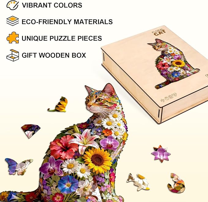 Floral cat Puzzles Adults Gifts Wooden 65 Pieces 8.5 * 6.9in