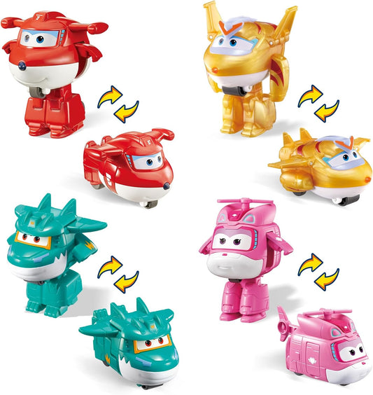 Super Wings 2" Transform-a-Bots 4-Pack, Supercharged Jett, Dizzy, Tino, Golden Boy, Airplane Toys Vehicle Mini Figures, Fun Toys for Kids, Transformable Toy for 3 4 5 Year Old Boys and Girls