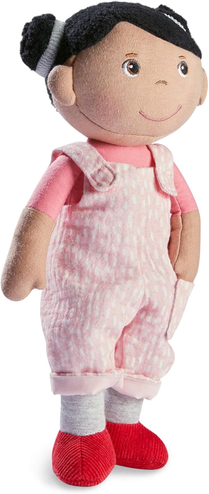 HABA Snug Up Doll Rumbi - 10" Soft Doll with Black Hair and Pink Overalls - Machine Washable for 18 Months and Up