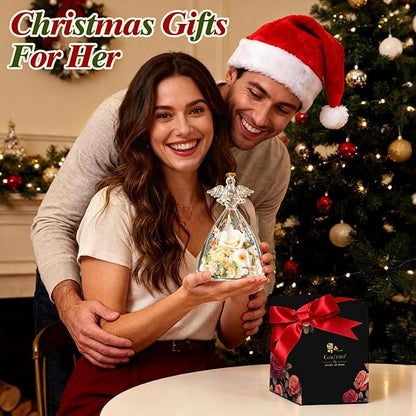 Valentines Rose Gifts for Women, 7" Champagne Preserved Roses Flowers in Glass Angel Figurine, Birthday Gift for Mom Wife Grandma, Eternal Rose for Mothers Day Christmas Anniversary